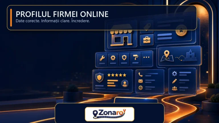 Profil de firmă online prezentat ca o vitrină digitală completă, cu date, servicii, localizare, dovezi și contact