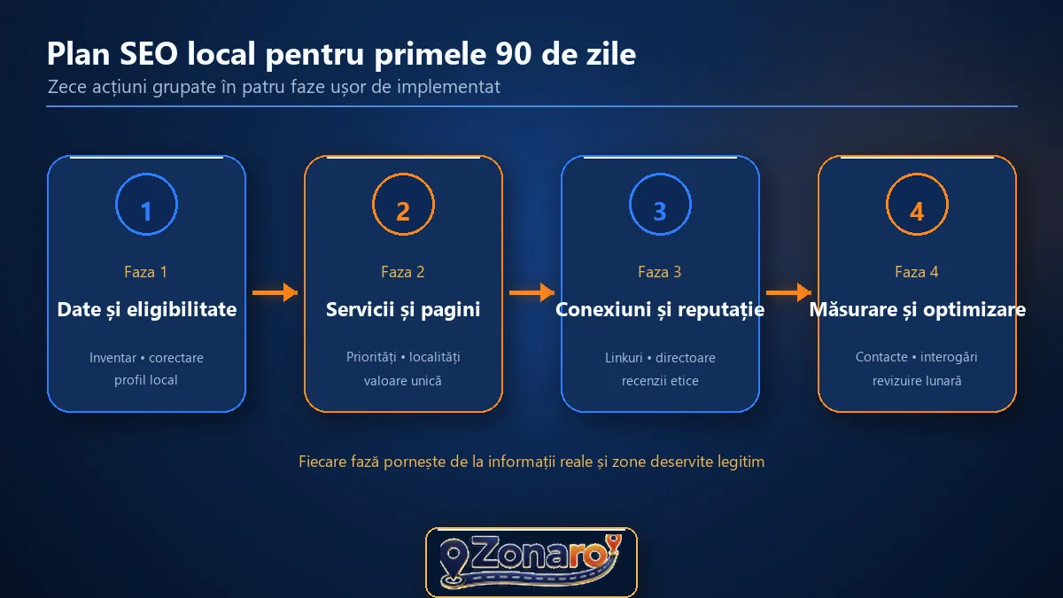 Diagramă cu planul de implementare SEO local grupat în patru faze pe 90 de zile