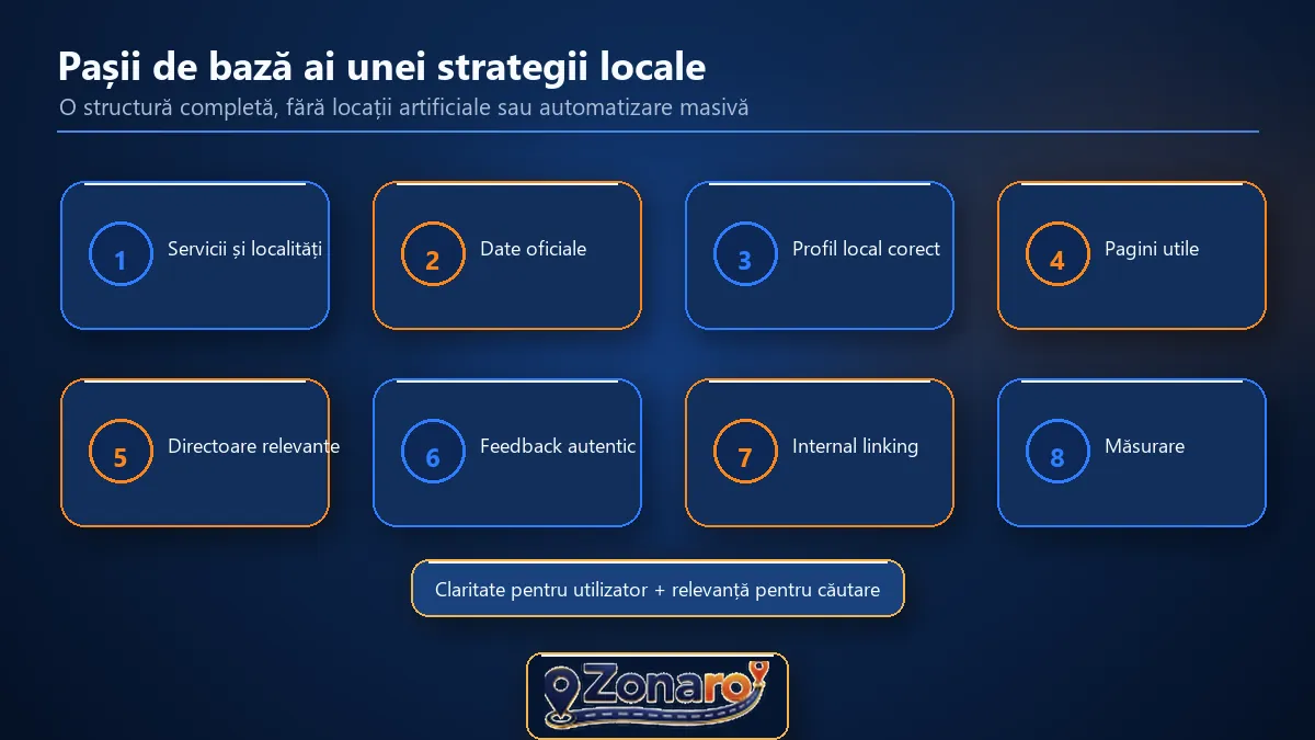 Diagramă cu cei opt pași de bază ai unei strategii SEO locale