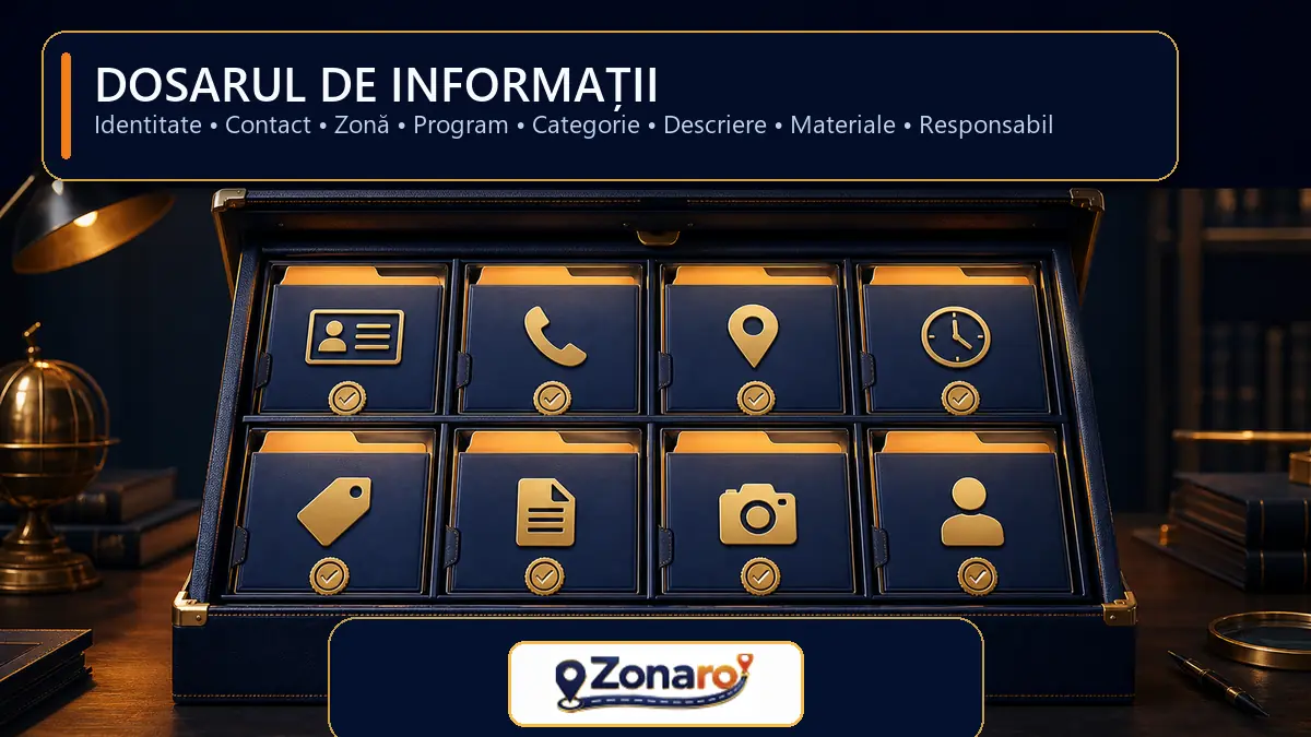 Dosar organizat cu identitatea, contactul, zona, programul, categoria, descrierea, materialele și responsabilul firmei