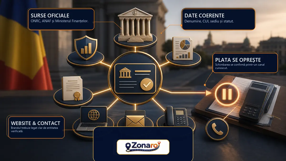 Verificarea firmei prin surse oficiale, website, email, telefon public și confirmarea separată a schimbărilor de plată