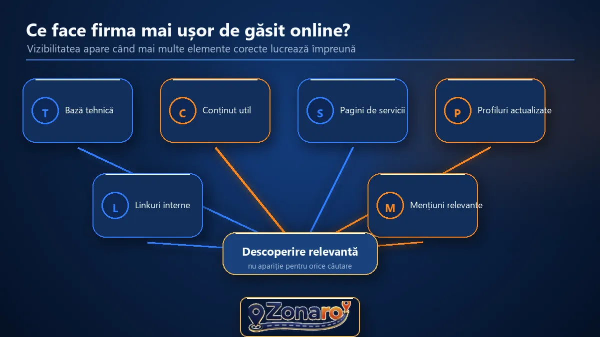 Diagramă cu cele șase elemente care contribuie la descoperirea online a firmei