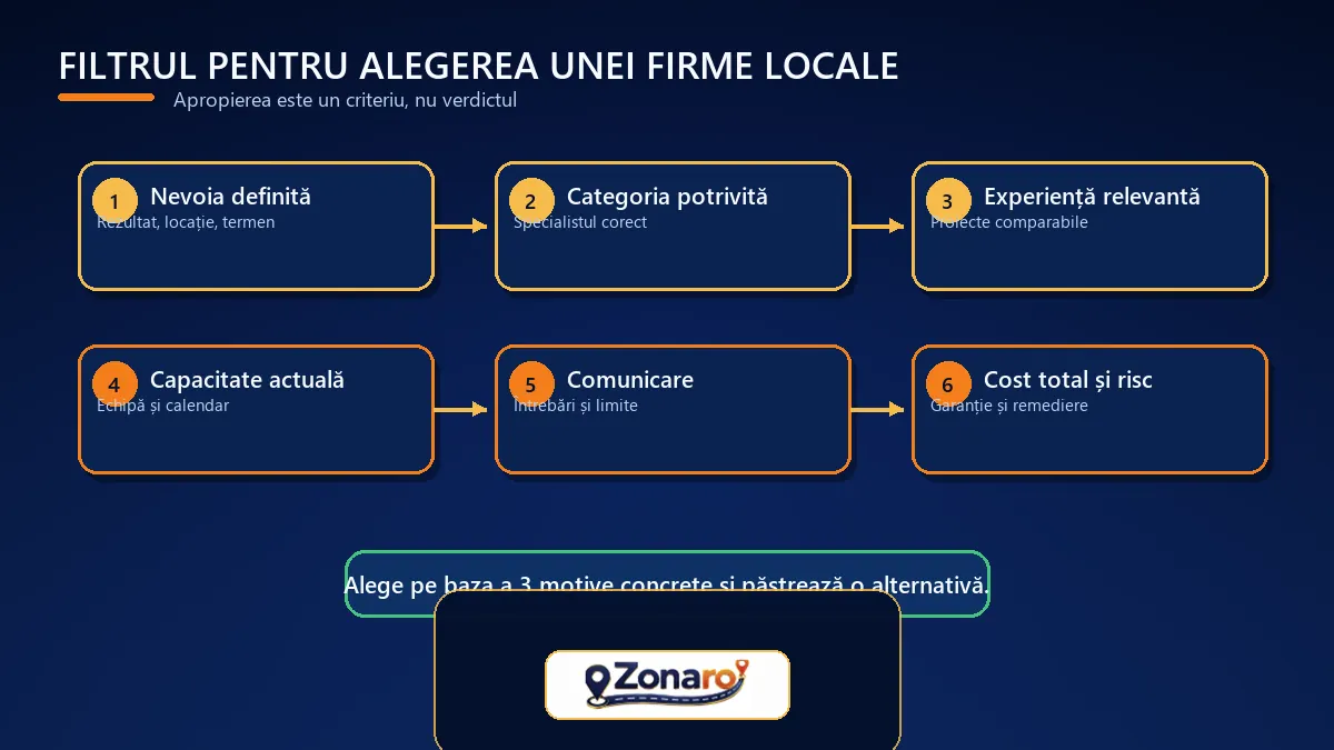 Diagramă cu șase filtre pentru alegerea unei firme locale potrivite