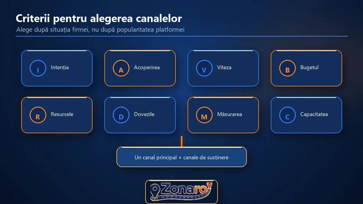 Diagramă cu cele opt criterii pentru selectarea canalelor de promovare