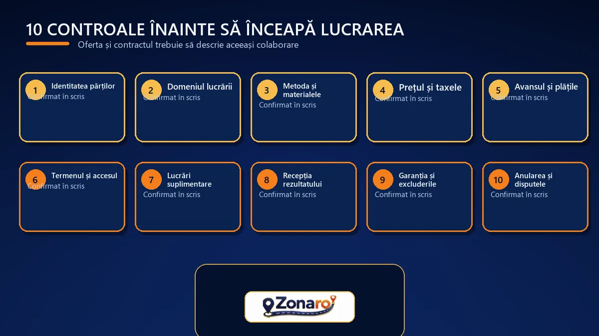 Checklist cu zece elemente de verificat în ofertă și contract înainte de începerea lucrării