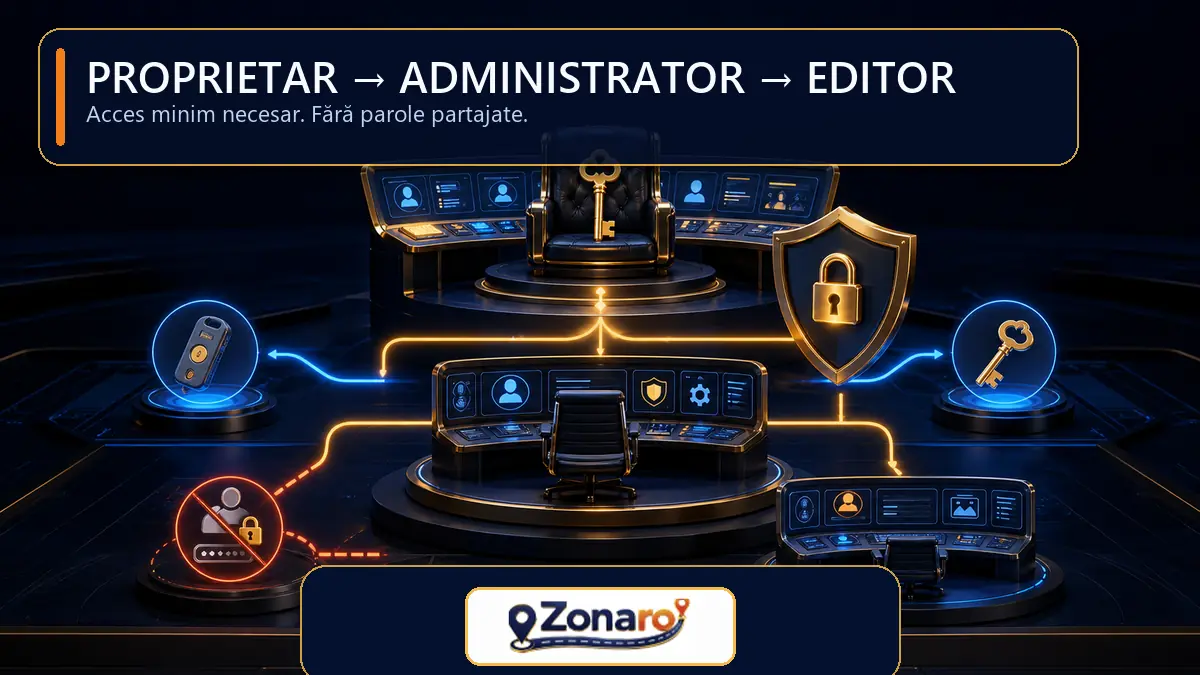 Ierarhie de acces pentru profilul firmei: proprietar, administrator și editor, cu roluri separate