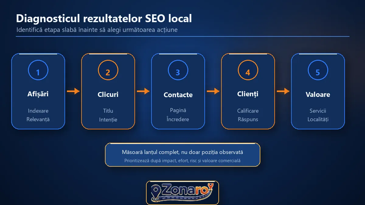 Diagramă cu lanțul afișări, clicuri, contacte, clienți, valoare și verificările fiecărei etape