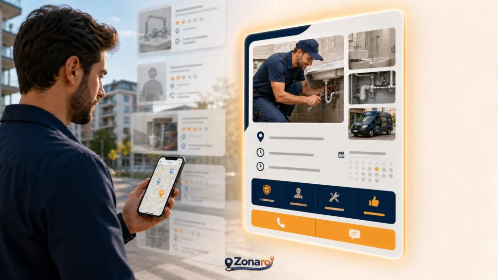 Prezență online clară pentru o firmă locală — ilustrație Zonaro